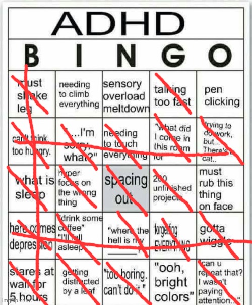 Jeez and crow... | image tagged in adhd bingo | made w/ Imgflip meme maker