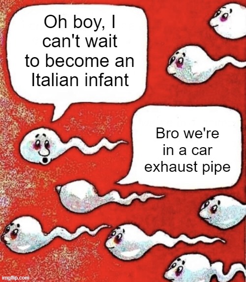 Sperm talk | Oh boy, I can't wait to become an Italian infant; Bro we're in a car exhaust pipe | image tagged in sperm talk | made w/ Imgflip meme maker