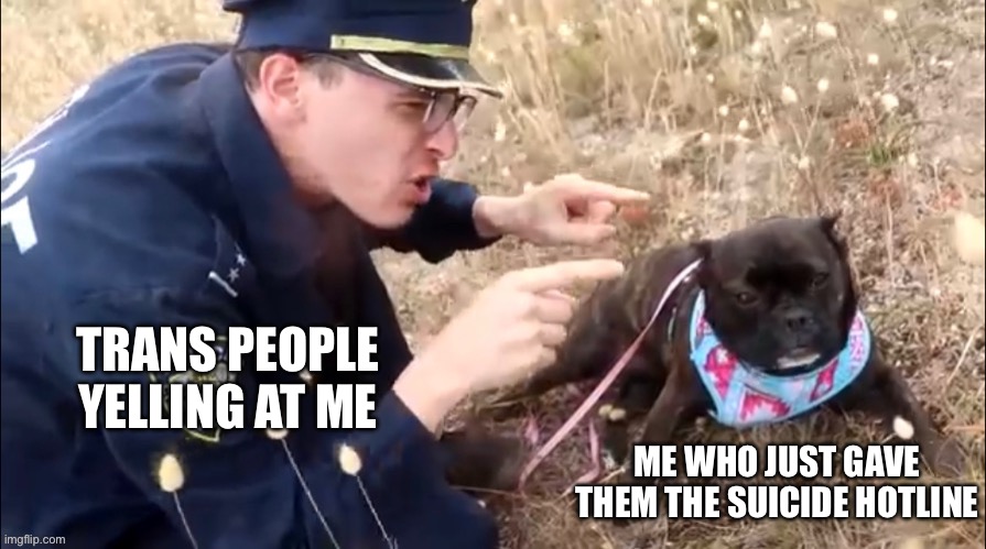 Idubbbz yelling at dog | TRANS PEOPLE YELLING AT ME; ME WHO JUST GAVE THEM THE SUICIDE HOTLINE | image tagged in idubbbz yelling at dog | made w/ Imgflip meme maker