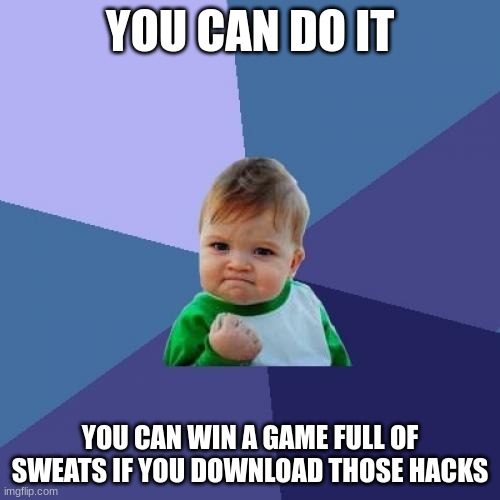 U can! | YOU CAN DO IT; YOU CAN WIN A GAME FULL OF SWEATS IF YOU DOWNLOAD THOSE HACKS | image tagged in memes,success kid | made w/ Imgflip meme maker