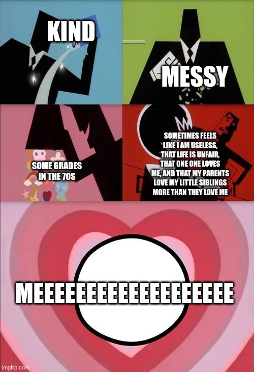 this is very true | KIND; MESSY; SOMETIMES FEELS LIKE I AM USELESS, THAT LIFE IS UNFAIR, THAT ONE ONE LOVES ME, AND THAT MY PARENTS LOVE MY LITTLE SIBLINGS MORE THAN THEY LOVE ME; SOME GRADES IN THE 70S; MEEEEEEEEEEEEEEEEEEE | image tagged in power puff girls | made w/ Imgflip meme maker