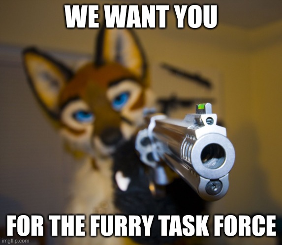 We Want You for Furry Task Force | WE WANT YOU; FOR THE FURRY TASK FORCE | image tagged in furry with gun | made w/ Imgflip meme maker