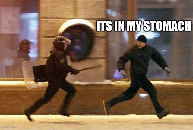 Police Chasing Guy | ITS IN MY STOMACH | image tagged in police chasing guy | made w/ Imgflip meme maker