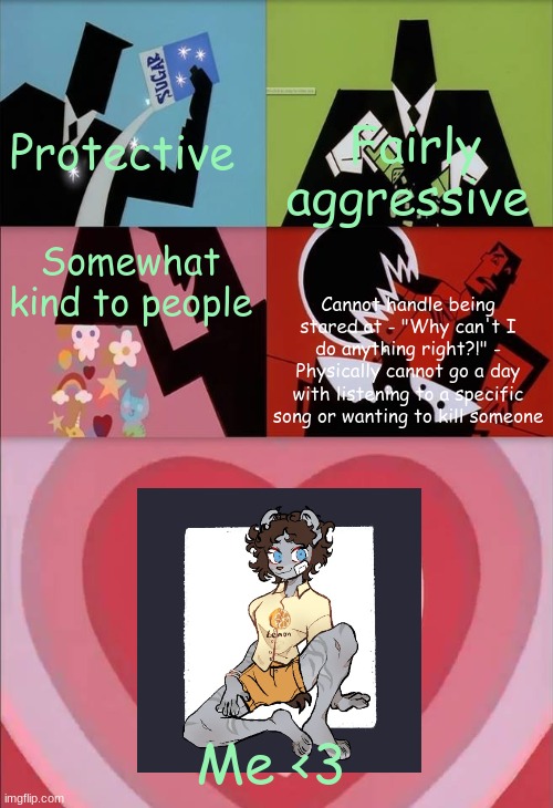 mmmmmmME >:D | Fairly aggressive; Protective; Somewhat kind to people; Cannot handle being stared at - "Why can't I do anything right?!" - Physically cannot go a day with listening to a specific song or wanting to kill someone; Me <3 | image tagged in power puff girls | made w/ Imgflip meme maker