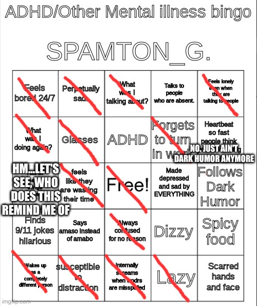 SPAMTON Bingo | NO. JUST AIN'T DARK HUMOR ANYMORE; HM...LET'S SEE, WHO DOES THIS REMIND ME OF | image tagged in spamton bingo | made w/ Imgflip meme maker