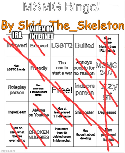 MSMG Bingo(By Skid) | WHEN ON INTERNET; IRL | image tagged in msmg bingo by skid | made w/ Imgflip meme maker