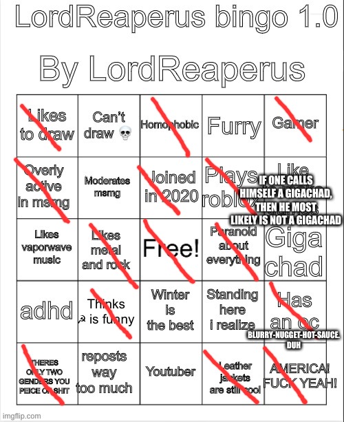 LordReaperus bingo 1.0 | IF ONE CALLS HIMSELF A GIGACHAD, THEN HE MOST LIKELY IS NOT A GIGACHAD; BLURRY-NUGGET-HOT-SAUCE. DUH | image tagged in lordreaperus bingo 1 0 | made w/ Imgflip meme maker