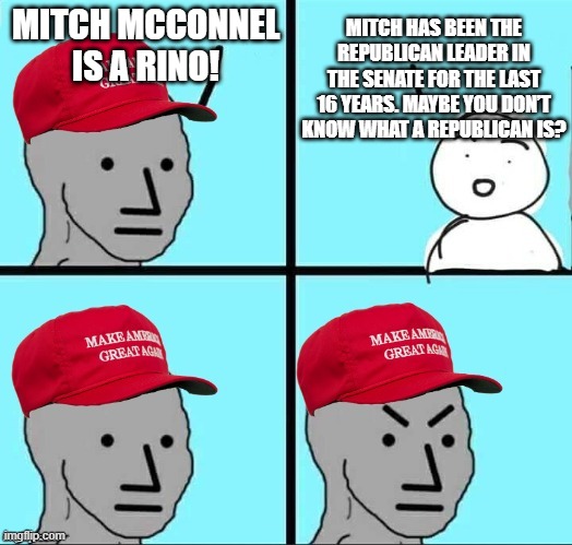 mitch is the republican party | MITCH HAS BEEN THE REPUBLICAN LEADER IN THE SENATE FOR THE LAST 16 YEARS. MAYBE YOU DON’T KNOW WHAT A REPUBLICAN IS? MITCH MCCONNEL IS A RINO! | image tagged in maga npc an an0nym0us template | made w/ Imgflip meme maker