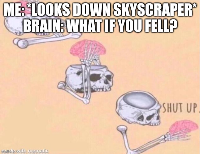 skeleton shut up meme | ME: *LOOKS DOWN SKYSCRAPER*
BRAIN: WHAT IF YOU FELL? | image tagged in skeleton shut up meme | made w/ Imgflip meme maker