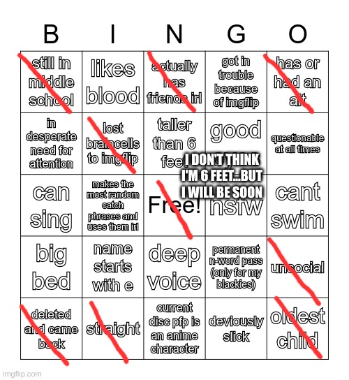 I DON'T THINK I'M 6 FEET...BUT I WILL BE SOON | image tagged in so i made an msmg bingo | made w/ Imgflip meme maker