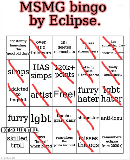 bored. So I'm filling out these bingos until an idea comes to mind for new copypastas | NOT SKILLED. AT ALL. | image tagged in msmg bingo by eclipse | made w/ Imgflip meme maker