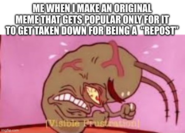 This happens so many times smh | ME WHEN I MAKE AN ORIGINAL MEME THAT GETS POPULAR ONLY FOR IT TO GET TAKEN DOWN FOR BEING A  “REPOST” | image tagged in visible frustration,why me,original meme | made w/ Imgflip meme maker