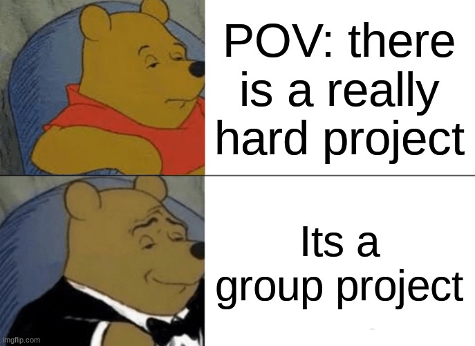 At least the whole group does bad, not just you... | POV: there is a really hard project; Its a group project | image tagged in memes,tuxedo winnie the pooh | made w/ Imgflip meme maker