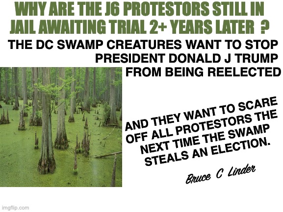 J6 - The Forgotten Protestors | WHY ARE THE J6 PROTESTORS STILL IN
JAIL AWAITING TRIAL 2+ YEARS LATER  ? THE DC SWAMP CREATURES WANT TO STOP 
PRESIDENT DONALD J TRUMP 
FROM BEING REELECTED; AND THEY WANT TO SCARE
OFF ALL PROTESTORS THE 
NEXT TIME THE SWAMP
STEALS AN ELECTION. Bruce  C  Linder | image tagged in j6,stolen election,locked up,no trial,dc swamp,president trump | made w/ Imgflip meme maker
