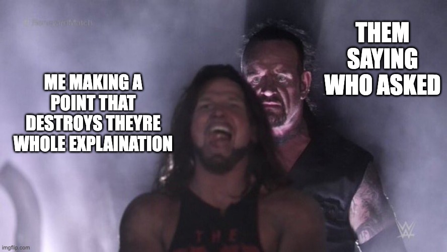 Pain when you hear this one phrase |  THEM SAYING WHO ASKED; ME MAKING A POINT THAT DESTROYS THEYRE WHOLE EXPLAINATION | image tagged in aj styles undertaker,who asked | made w/ Imgflip meme maker