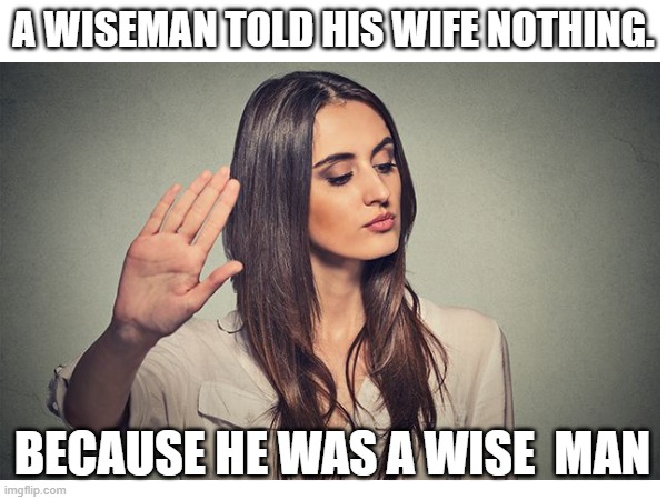 A Wiseman | A WISEMAN TOLD HIS WIFE NOTHING. BECAUSE HE WAS A WISE  MAN | image tagged in memes,wife,wise man | made w/ Imgflip meme maker