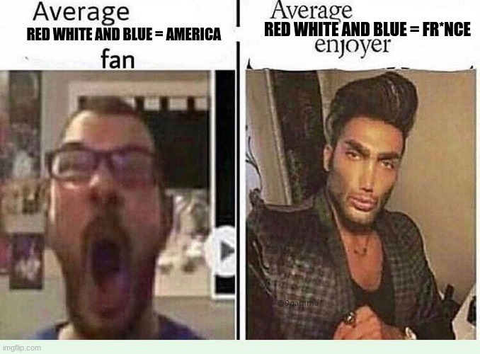 Average *BLANK* Fan VS Average *BLANK* Enjoyer | RED WHITE AND BLUE = FR*NCE; RED WHITE AND BLUE = AMERICA | image tagged in average blank fan vs average blank enjoyer | made w/ Imgflip meme maker
