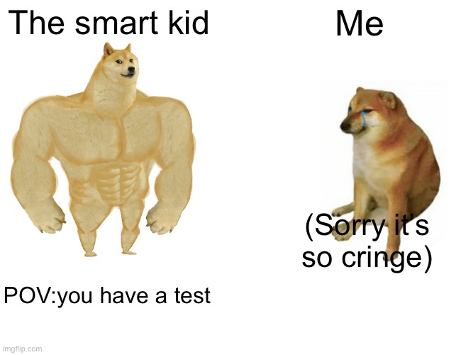 Buff Doge vs. Cheems Meme | The smart kid Me POV:you have a test (Sorry it’s so cringe) | image tagged in memes,buff doge vs cheems | made w/ Imgflip meme maker