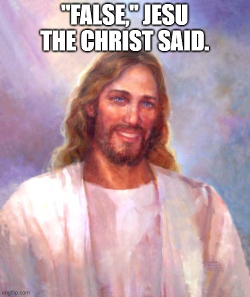 Smiling Jesus Meme | "FALSE," JESU THE CHRIST SAID. | image tagged in memes,smiling jesus | made w/ Imgflip meme maker