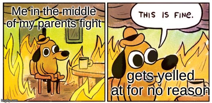 This Is Fine | Me in the middle of my parents fight; gets yelled at for no reason | image tagged in memes,this is fine | made w/ Imgflip meme maker