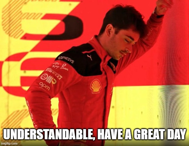 Leclerc F1 2023 | UNDERSTANDABLE, HAVE A GREAT DAY | image tagged in leclerc f1 2023 | made w/ Imgflip meme maker