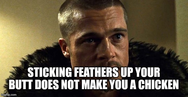 Fight Club - Tyler Durden - Brad Pitt | STICKING FEATHERS UP YOUR BUTT DOES NOT MAKE YOU A CHICKEN | image tagged in fight club - tyler durden - brad pitt | made w/ Imgflip meme maker