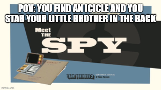 Meet The Spy | POV: YOU FIND AN ICICLE AND YOU STAB YOUR LITTLE BROTHER IN THE BACK | image tagged in meet the spy | made w/ Imgflip meme maker
