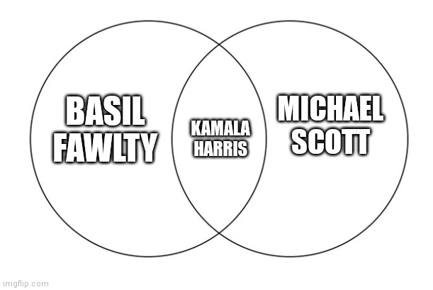 venn diagram | MICHAEL SCOTT; BASIL FAWLTY; KAMALA HARRIS | image tagged in venn diagram | made w/ Imgflip meme maker