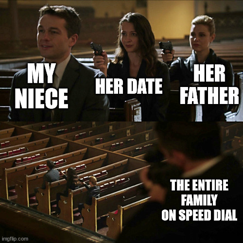 The **** around and find out equivalent of "If you make her cry." | MY NIECE; HER FATHER; HER DATE; THE ENTIRE FAMILY ON SPEED DIAL | image tagged in assassination chain | made w/ Imgflip meme maker
