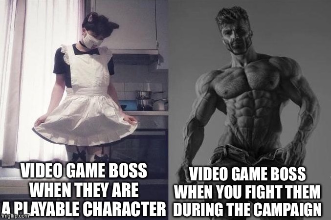 Video Game Bosses Be Like | VIDEO GAME BOSS WHEN THEY ARE A PLAYABLE CHARACTER; VIDEO GAME BOSS WHEN YOU FIGHT THEM DURING THE CAMPAIGN | image tagged in strongest fan vs weakest fan,video games,boss,strong,weak | made w/ Imgflip meme maker