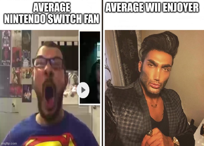 both are good but | AVERAGE WII ENJOYER; AVERAGE NINTENDO SWITCH FAN | image tagged in average fan vs average enjoyer | made w/ Imgflip meme maker