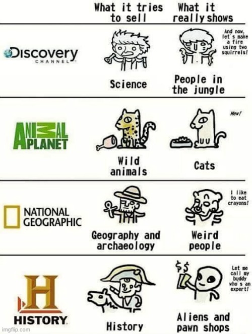 Times sure have changed | image tagged in discovery channel,animal planet,national geographic,history channel | made w/ Imgflip meme maker