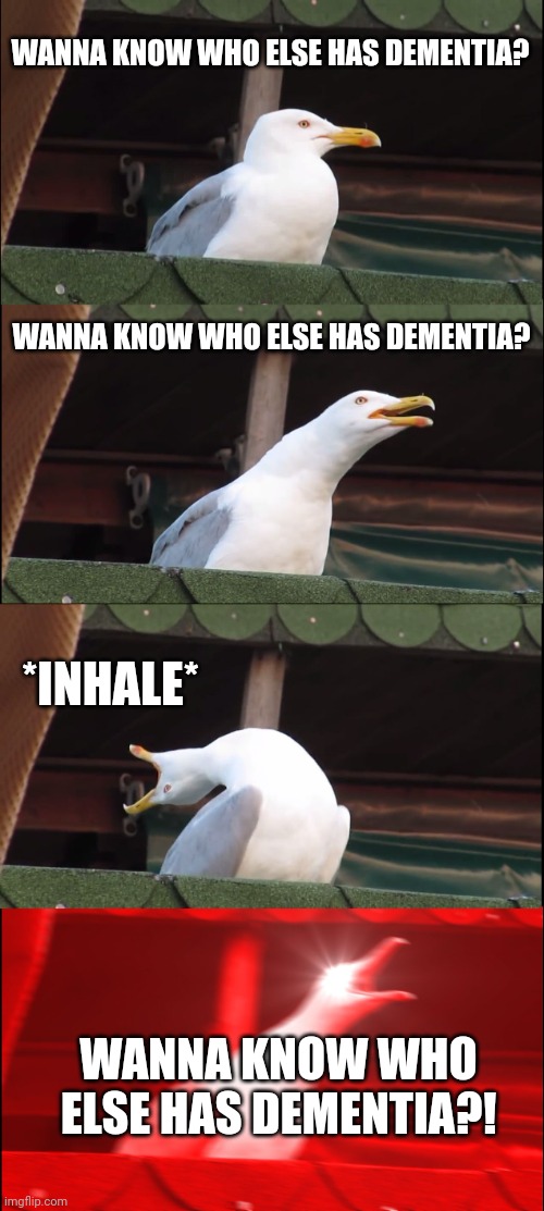 Wanna know who else has dementia? | WANNA KNOW WHO ELSE HAS DEMENTIA? WANNA KNOW WHO ELSE HAS DEMENTIA? *INHALE*; WANNA KNOW WHO ELSE HAS DEMENTIA?! | image tagged in memes,inhaling seagull,funny memes,dementia,screaming seagull | made w/ Imgflip meme maker