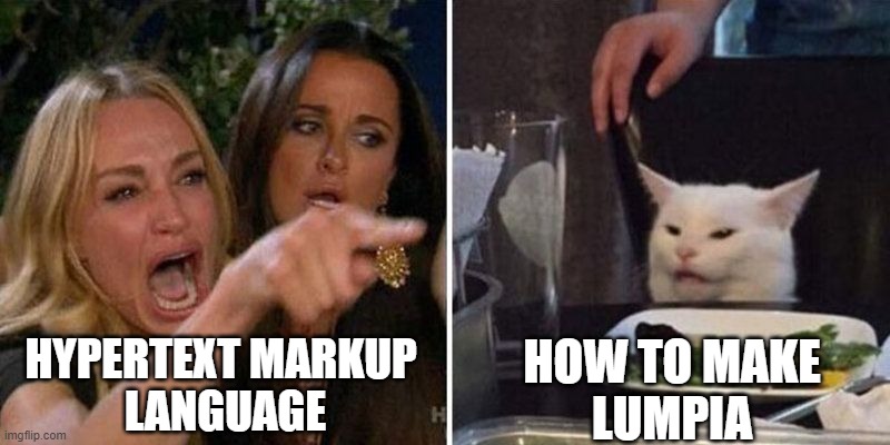 two sides of html (philippines edition) | HYPERTEXT MARKUP 
LANGUAGE; HOW TO MAKE
LUMPIA | image tagged in woman yelling at cat | made w/ Imgflip meme maker