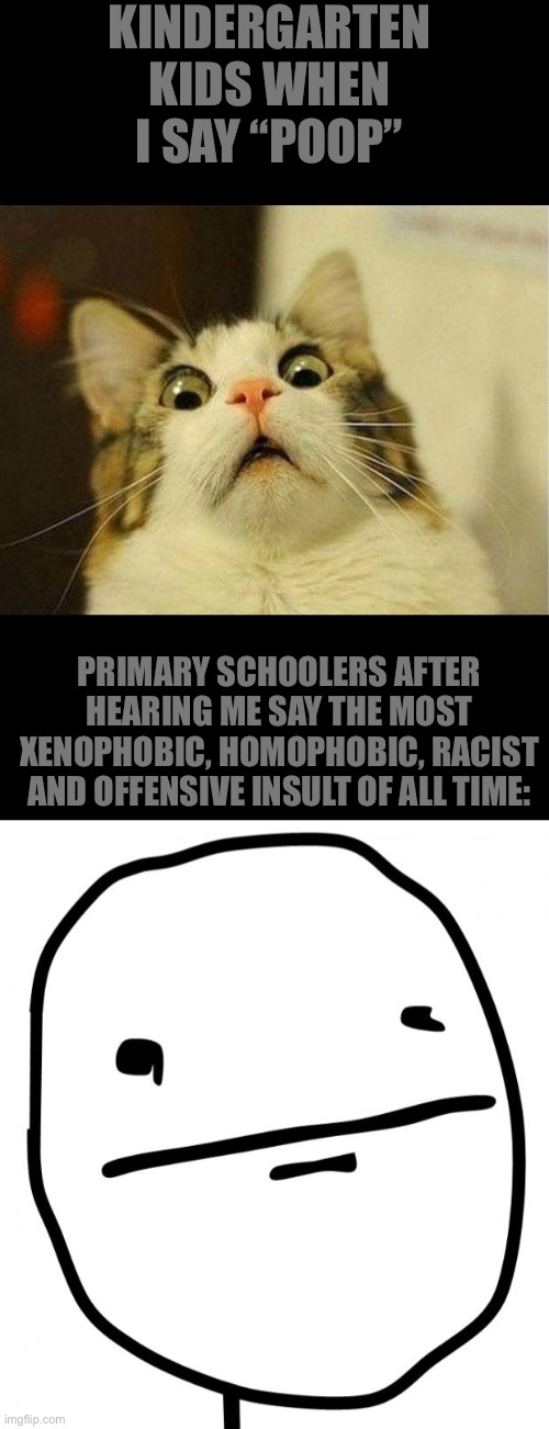 It literally BE LIKE THAT! | KINDERGARTEN KIDS WHEN I SAY “POOP”; PRIMARY SCHOOLERS AFTER HEARING ME SAY THE MOST XENOPHOBIC, HOMOPHOBIC, RACIST AND OFFENSIVE INSULT OF ALL TIME: | image tagged in memes,scared cat,poker face | made w/ Imgflip meme maker