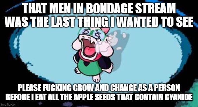 Ralsei Chopper Cry | THAT MEN IN BONDAGE STREAM WAS THE LAST THING I WANTED TO SEE; PLEASE FUCKING GROW AND CHANGE AS A PERSON BEFORE I EAT ALL THE APPLE SEEDS THAT CONTAIN CYANIDE | image tagged in ralsei chopper cry | made w/ Imgflip meme maker