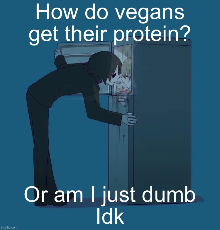 Avogado6 depression | How do vegans get their protein? Or am I just dumb
Idk | image tagged in avogado6 depression | made w/ Imgflip meme maker