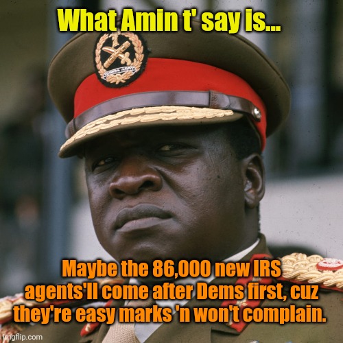 Tax The Rich? Hahaha! | What Amin t' say is... Maybe the 86,000 new IRS agents'll come after Dems first, cuz they're easy marks 'n won't complain. | made w/ Imgflip meme maker