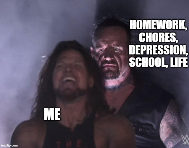 Life | HOMEWORK, CHORES, DEPRESSION, SCHOOL, LIFE; ME | image tagged in undertaker,why are you reading this,why are you reading the tags | made w/ Imgflip meme maker