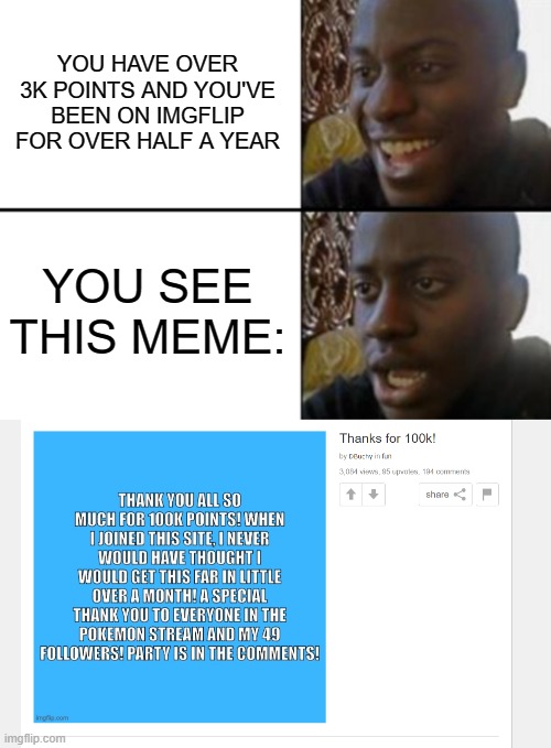REALLY?! | YOU HAVE OVER 3K POINTS AND YOU'VE BEEN ON IMGFLIP FOR OVER HALF A YEAR; YOU SEE THIS MEME: | image tagged in oh yeah oh no,sadness,pathetic | made w/ Imgflip meme maker
