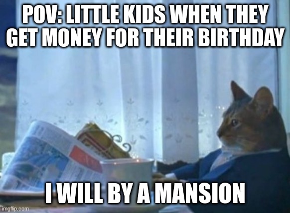 Indeed true | POV: LITTLE KIDS WHEN THEY GET MONEY FOR THEIR BIRTHDAY; I WILL BY A MANSION | image tagged in memes,i should buy a boat cat | made w/ Imgflip meme maker