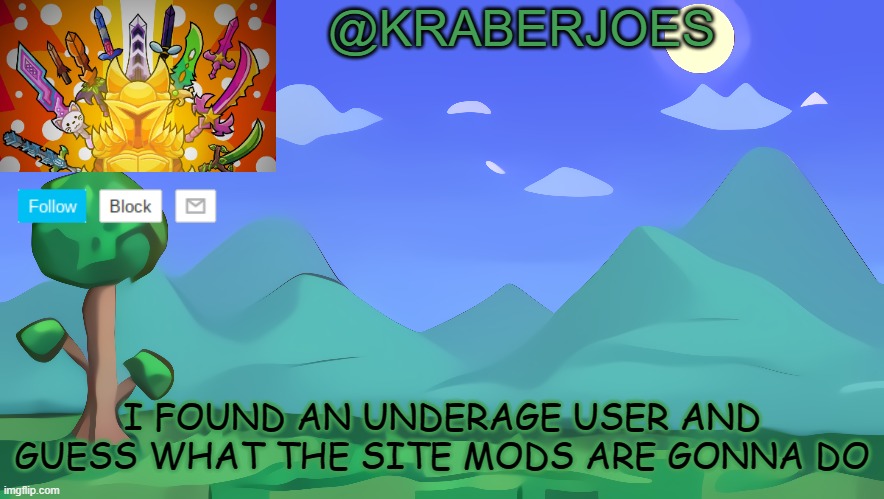 Kraberjoes Terraria Temp | I FOUND AN UNDERAGE USER AND GUESS WHAT THE SITE MODS ARE GONNA DO | image tagged in kraberjoes terraria temp | made w/ Imgflip meme maker