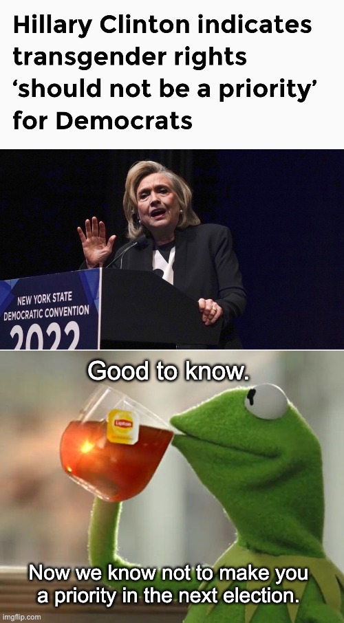 The two time loser tries to lecture threatened minorities about how their rights aren't important enough for winning elections. | Good to know. Now we know not to make you a priority in the next election. | image tagged in memes,but that's none of my business,hillary clinton,lgbtq,transgender | made w/ Imgflip meme maker