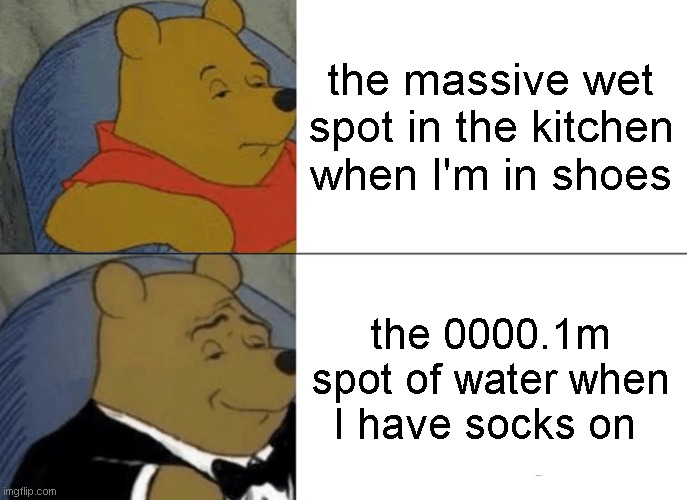 Tuxedo Winnie The Pooh | the massive wet spot in the kitchen when I'm in shoes; the 0000.1m spot of water when I have socks on | image tagged in memes,tuxedo winnie the pooh,funny memes,kitchen | made w/ Imgflip meme maker