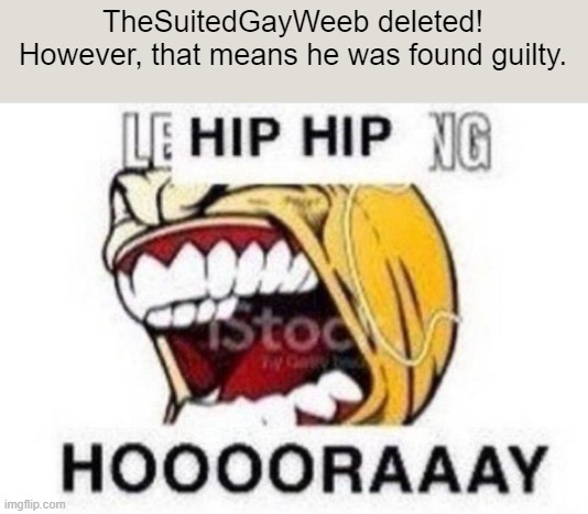 Common L | TheSuitedGayWeeb deleted! However, that means he was found guilty. | image tagged in hoooooaaaay | made w/ Imgflip meme maker