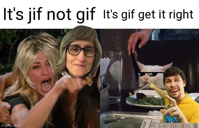 Which way do you say it? | It's jif not gif; It's gif get it right | image tagged in memes,woman yelling at cat | made w/ Imgflip meme maker