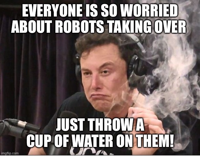 Elon Musk smoking a joint | EVERYONE IS SO WORRIED ABOUT ROBOTS TAKING OVER JUST THROW A CUP OF WATER ON THEM! | image tagged in elon musk smoking a joint | made w/ Imgflip meme maker