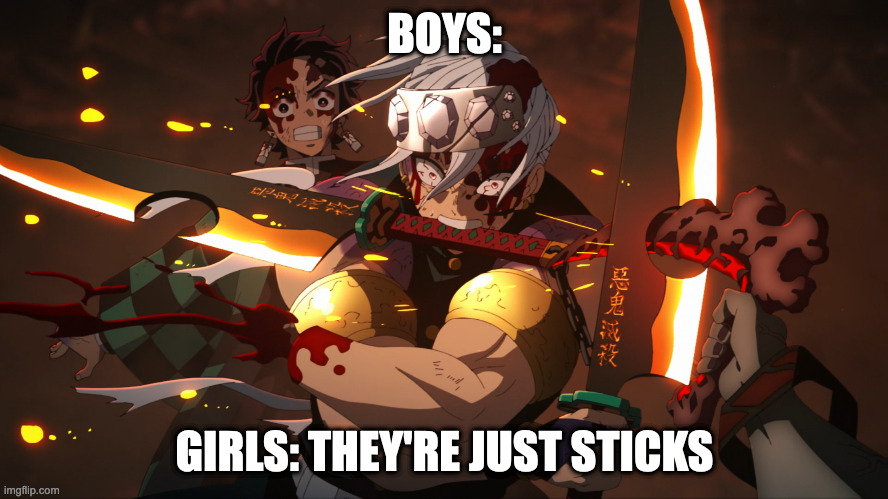 The boys with sticks | BOYS:; GIRLS: THEY'RE JUST STICKS | image tagged in tengen last moment block | made w/ Imgflip meme maker
