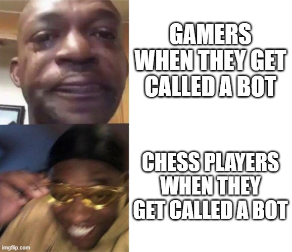 insert title here | GAMERS WHEN THEY GET CALLED A BOT; CHESS PLAYERS WHEN THEY GET CALLED A BOT | image tagged in black guy crying and black guy laughing,gaming,meme,memes | made w/ Imgflip meme maker