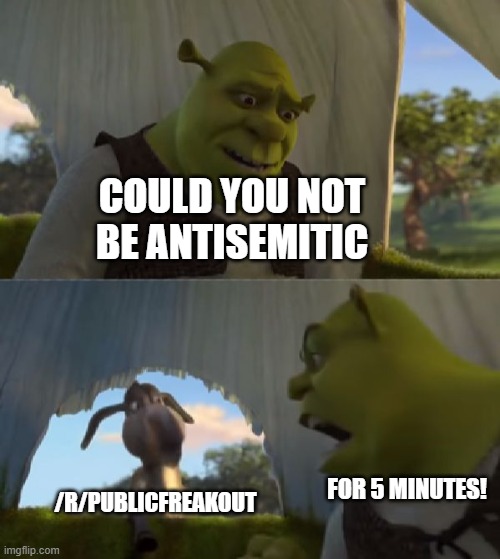 Could you not ___ for 5 MINUTES | COULD YOU NOT BE ANTISEMITIC; /R/PUBLICFREAKOUT; FOR 5 MINUTES! | image tagged in could you not ___ for 5 minutes,Jewdank | made w/ Imgflip meme maker